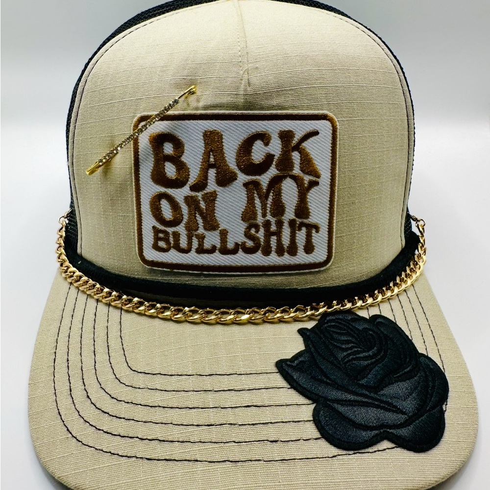 Beige and Black Trucker Hat with Gold Chain